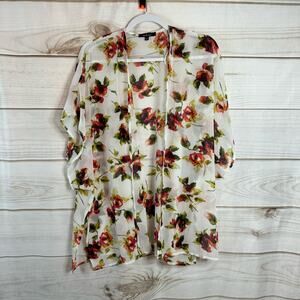 Ambiance White Floral Print Short Sleeve Cardigan Size Small
